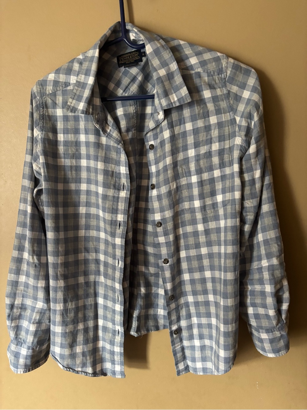 Vintage Pendleton Light Blue Gingham Plaid Button Down Shirt Medium 100% Cotton